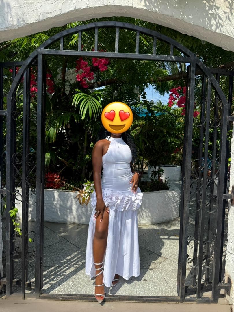 White long dress with slit and ruffles